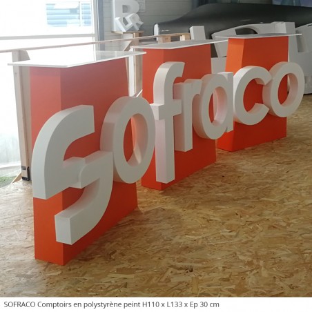 Sofraco Tables et comptoirs en polystyrène évènement professionnel entreprise séminaire présentation, plateau en plexiglas