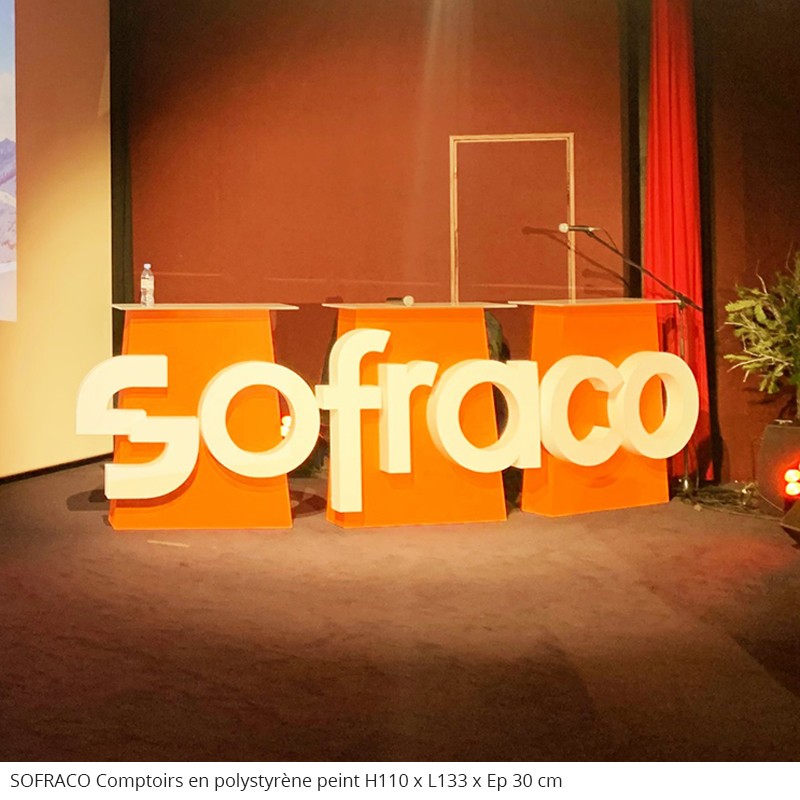 Sofraco Tables et comptoirs en polystyrène évènement professionnel entreprise séminaire présentation, plateau en plexiglas