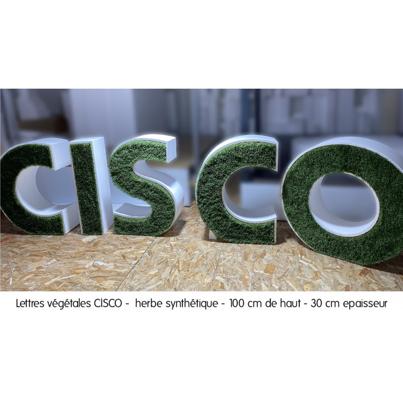 Enseigne lettres végétales 3D en polystyrène Cisco herbe synthétique
