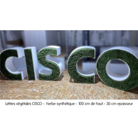 Enseigne lettres végétales 3D en polystyrène Cisco herbe synthétique Enseigne lettres végétales 3D en polystyrène Cisco herbe synthétique